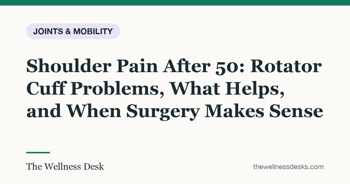 Title card: Shoulder Pain After 50: Rotator Cuff Problems, What Helps, and When Surgery Makes Sense